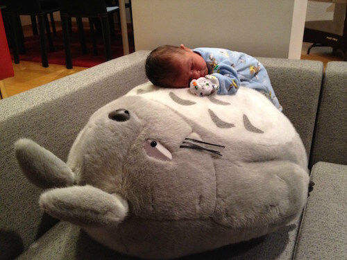 Toddler sleeps on Totoro plush.